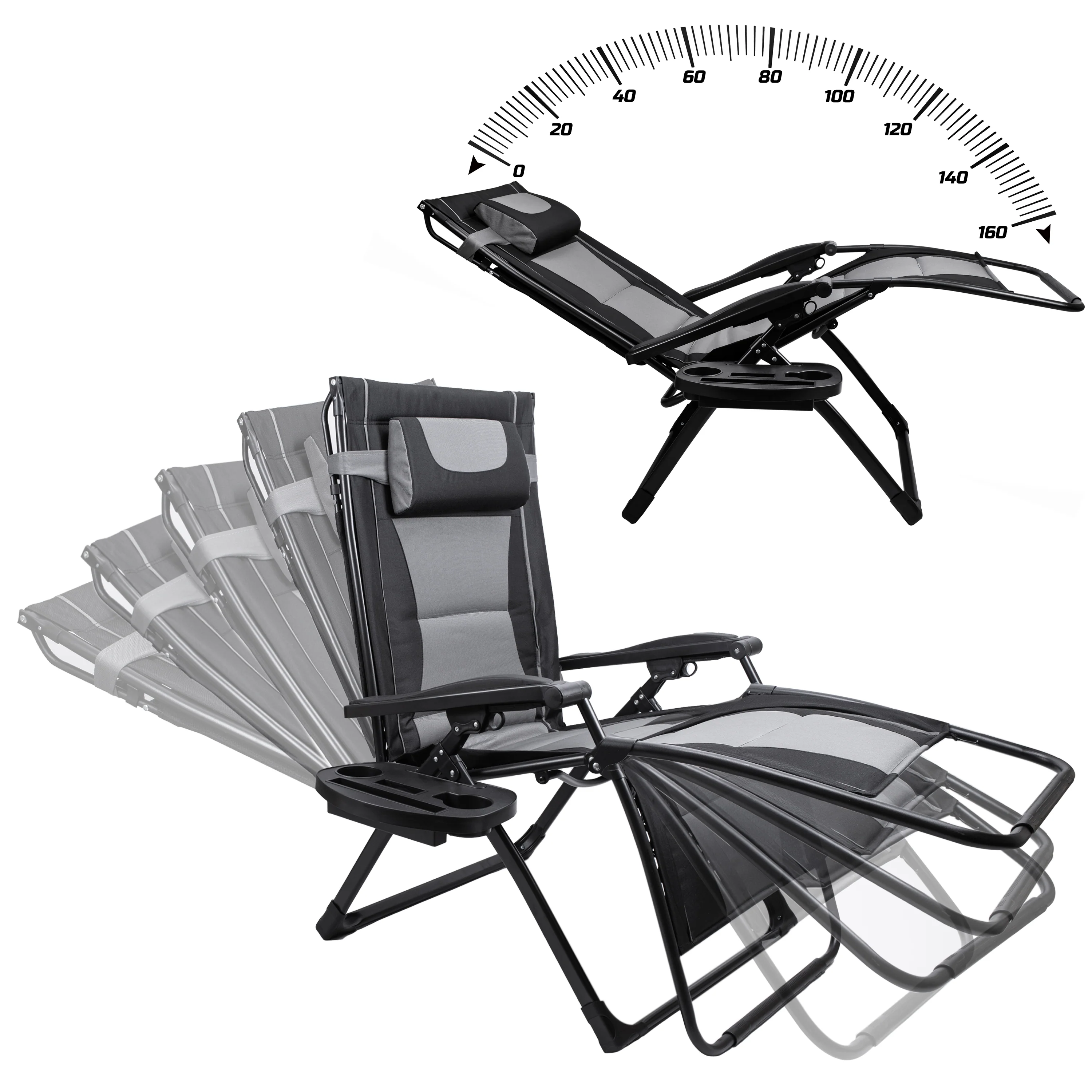Oversize Recliner Folding Chair for Camping Patio Outdoors Zero Gravity XXLarge Extra Wide Reclining Padded Seats with Sunshade and Cup Holder Tray [Heavy Duty] - Image 11
