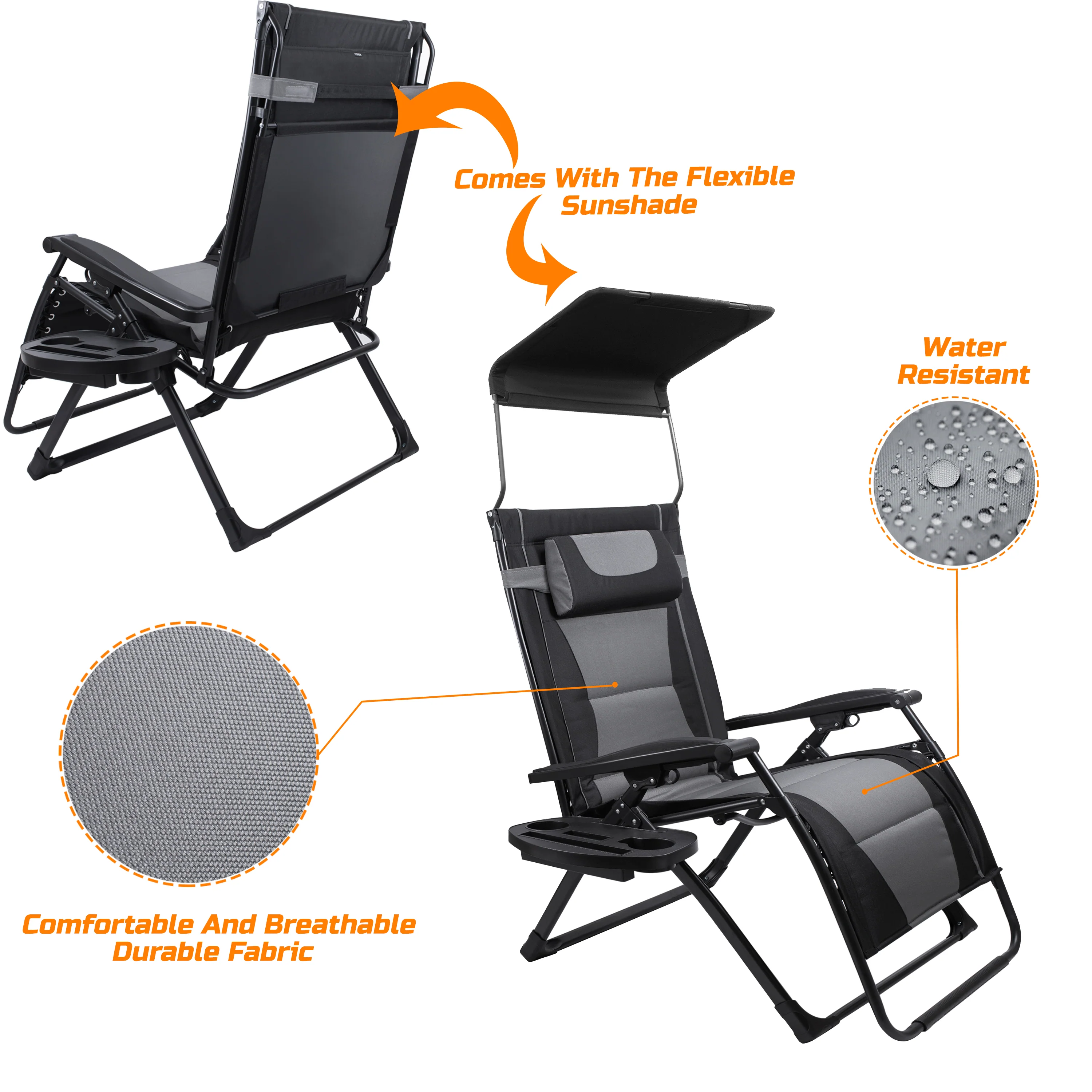 Oversize Recliner Folding Chair for Camping Patio Outdoors Zero Gravity XXLarge Extra Wide Reclining Padded Seats with Sunshade and Cup Holder Tray [Heavy Duty] - Image 14