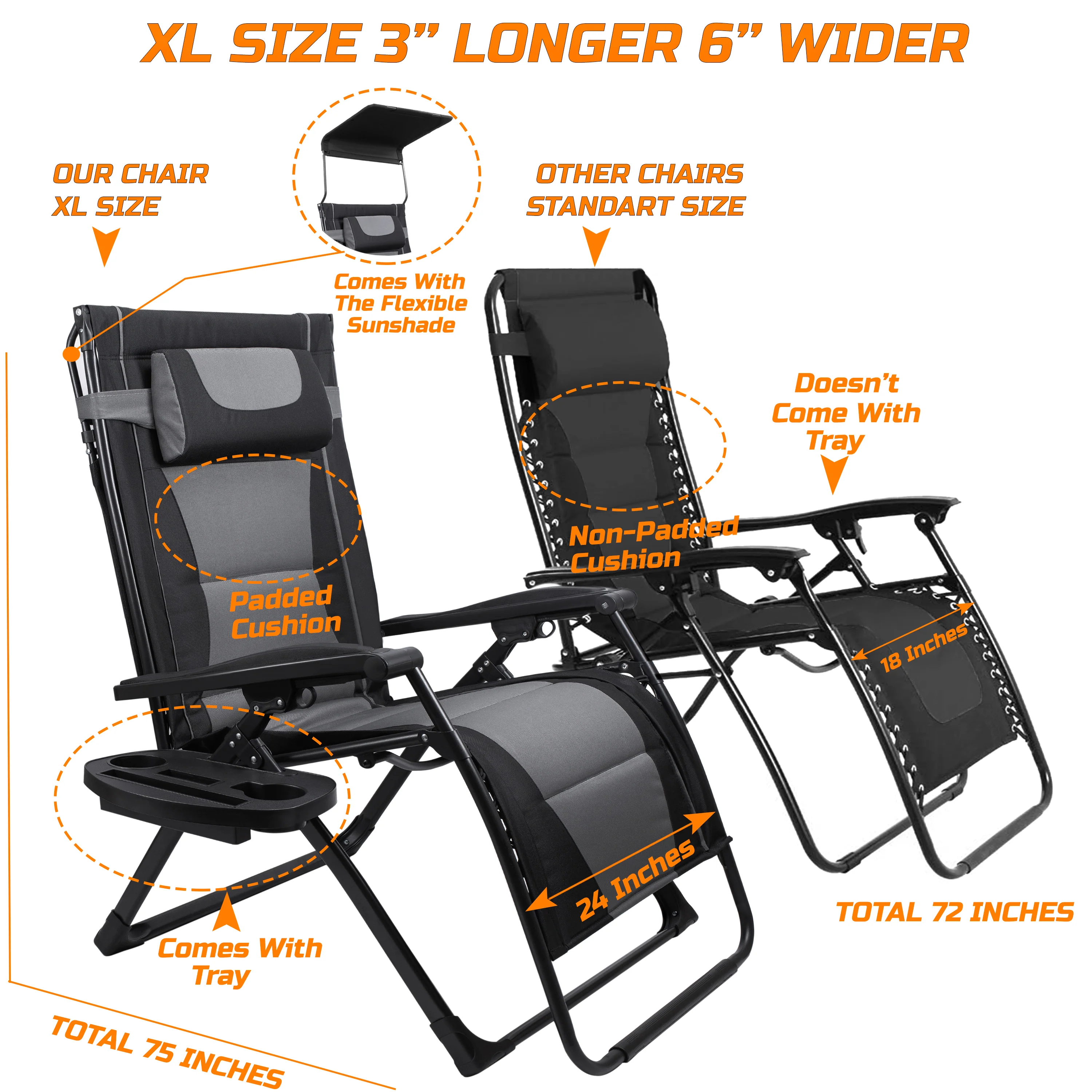 Oversize Recliner Folding Chair for Camping Patio Outdoors Zero Gravity XXLarge Extra Wide Reclining Padded Seats with Sunshade and Cup Holder Tray [Heavy Duty] - Image 15