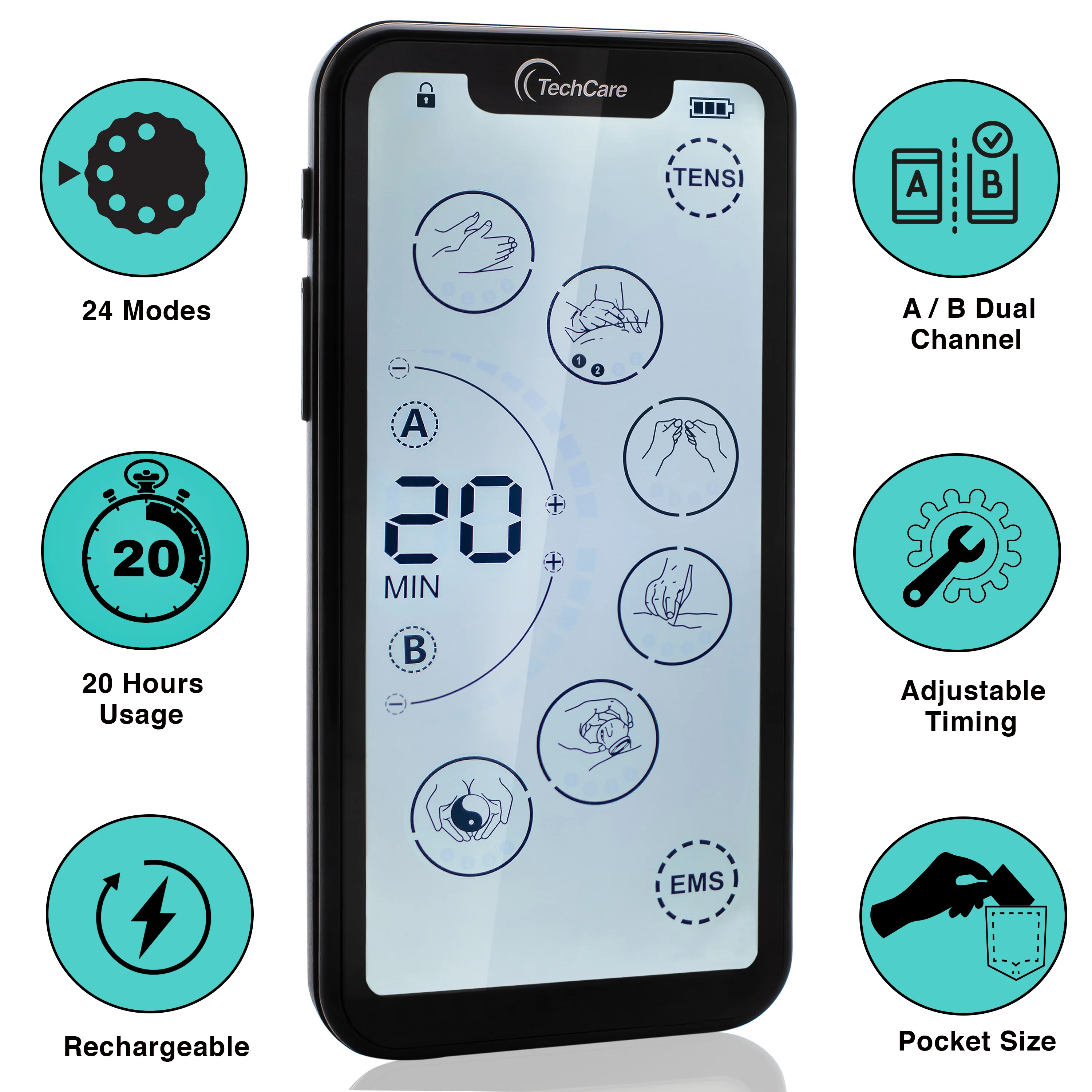 TechCare Touch X TENS Unit – Muscle Stimulator for Pain Relief, EMS Device for Back, Neck, Sciatica & Arthritis, Rechargeable Electric Pulse Massager with 24 Modes - Image 6